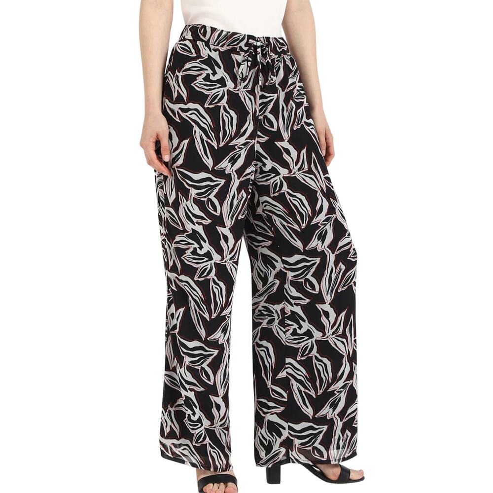 Calvin Klein Black White Red Floral Leaf Crepe Wide Leg Pants size L NEW Tags